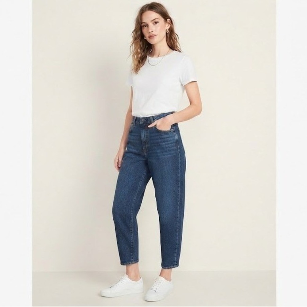 Old Navy‎ Barrel Leg Jeans Womens 12 Dark Blue High Rise Baggy Trendy Horseshoe
